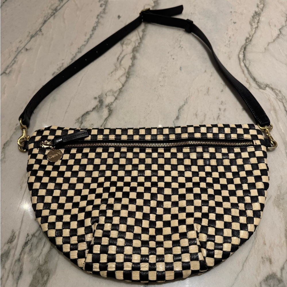 Clare V Black and Cream Woven Checkered Grande Fanny